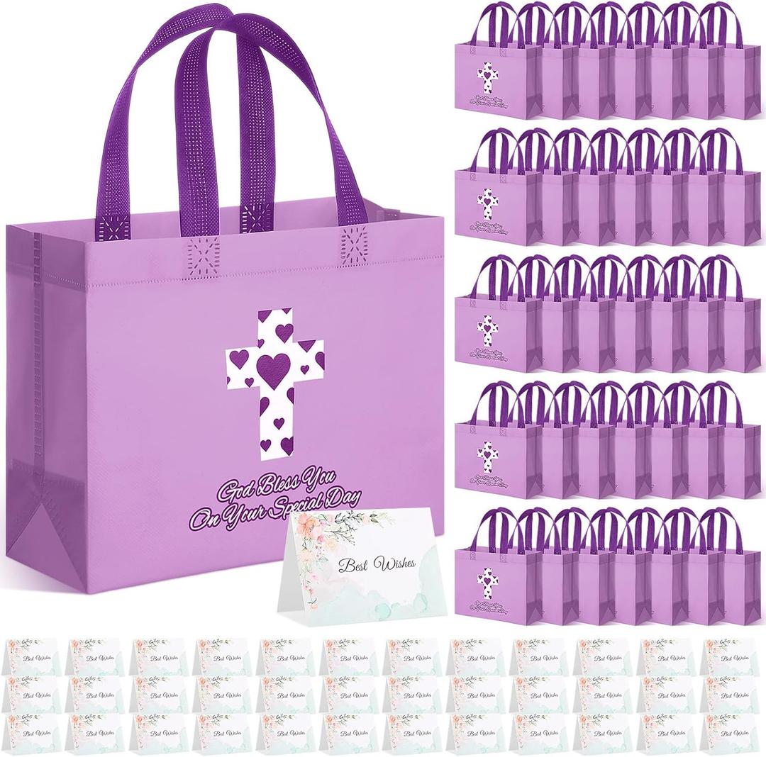 SilTriangle 36 Pcs Purple Christian Gift Bag with Cross & Card, 10"x 8" Non Woven Reusable Religious Church Welcome Tote Bag Bulk with Handle for Baptism Bible First Communions Thanksgiving Xmas