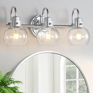 Bathroom Light Fixtures Polished Chrome 3 Light Vanity Light Wall Sconces Lighting with Clear Globe Glass Shades Bath Wall Mount Lamp for Mirror Kitchen Porch Living Room Bedroom Hallway(E26)