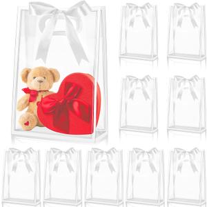 Aliceset 12 Pcs Clear Plastic Gift Bag with Die Cut Handles Reusable PP Favor Bag with Ribbon for Wedding Bridal Birthday Baby Shower Party Small Business, 7x10x3.15 Inch(White), 1 Count
