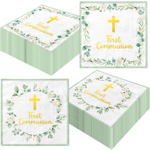 First Communion Decorations, 50pcs Green Baptism Napkins First Communion Paper Napkins for Baptism Decorations, Easter Party, First Communion Party Supplies