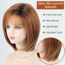 RENERSHOW Layered Mid-length Bob Wig with Bangs Straight Auburn Highlighted Synthetic Wigs for White Women 12inch Warm Orange Blend Hair with Dark Roots Average Size Natural Daily Party Wig