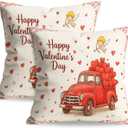 Set of 2 Happy Valentine's Pillow Covers 18x18 Inch Valentines Day Vintage Truck Heart Design Throw Pillow Covers Romantic Farmhouse Bedroom Sofa Valentines Gift for Couple Decor