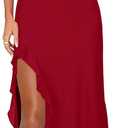 Lingswallow Womens Sexy V Neck Sleeveless Mesh Ruffle Hem Long Dress Bodycon Midi Elegant High Slit Cocktail Party Wedding (Red, M)