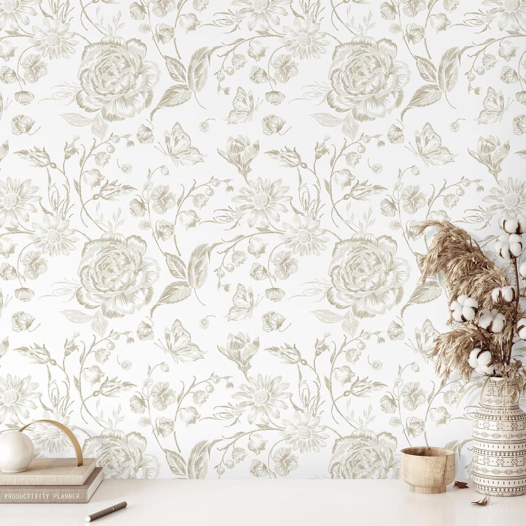Floral Peel and Stick Wallpaper Boho Beige Contact Paper Neutral Farmhouse Vintage Wall Paper Removable Self Adhesive Wallpaper Bedroom Cabinet Bathroom Waterproof Vinyl Roll 17.3" x 197"