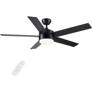 POCHFAN 52 inch Black Ceiling Fans with Lights and Remote Control, Noiseless Modern Ceiling Fan for Bedroom, Living Room, Dining Room, Dimmable 3CCT 6-Speed ETL Listed