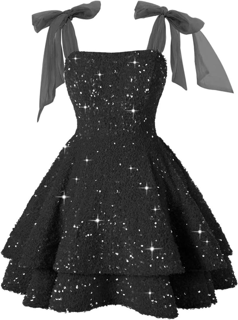 Miao Duo Women's Sparkly Sequin Christmas Dresses with Bow for Teens Short Spaghetti Strap Cocktail Prom Evening Dress for Juniors Black 00