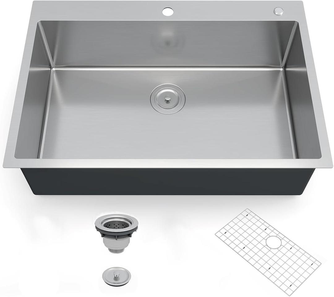 30 Inch Drop-in Kitchen Sink, Stainless Steel Single Bowl Flush Rim, 2.0cm Edge & 1.0mm Wall, Brushed Bottom Grid and Drain Assembly, 30x22x10 Inch