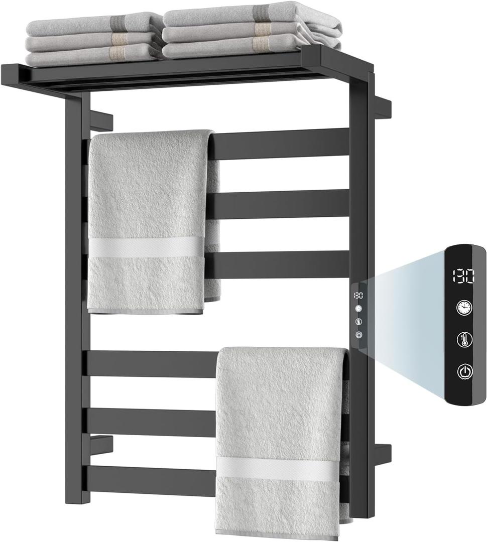 Tower Warmer Rack, 6 Bars Stainless Steel Wall Mounted Electric Heated Towel Rack for Bathroom, Built-in Timer, Hard-Wired & Plug in, Glossy Black (Glossy Black)