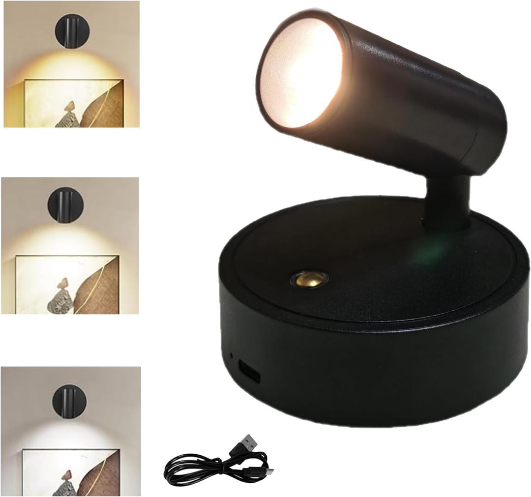 Spot Lights Indoor, Rechargeable Plant Spotlight Indoor, 360 Rotate Wireless LED Uplighting, Battery Powered Ceiling Spotlight for Artwork Painting Tree Plant Picture Lights Wall Light (Black)