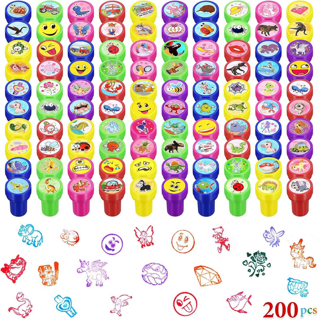 Kosiz 200 Pcs Assorted Stamps for Kids Bulk Teacher Self Ink Kids Assorted Stamps for Birthday Gifts Party Favors Supplies Game Prizes(Cute Style)