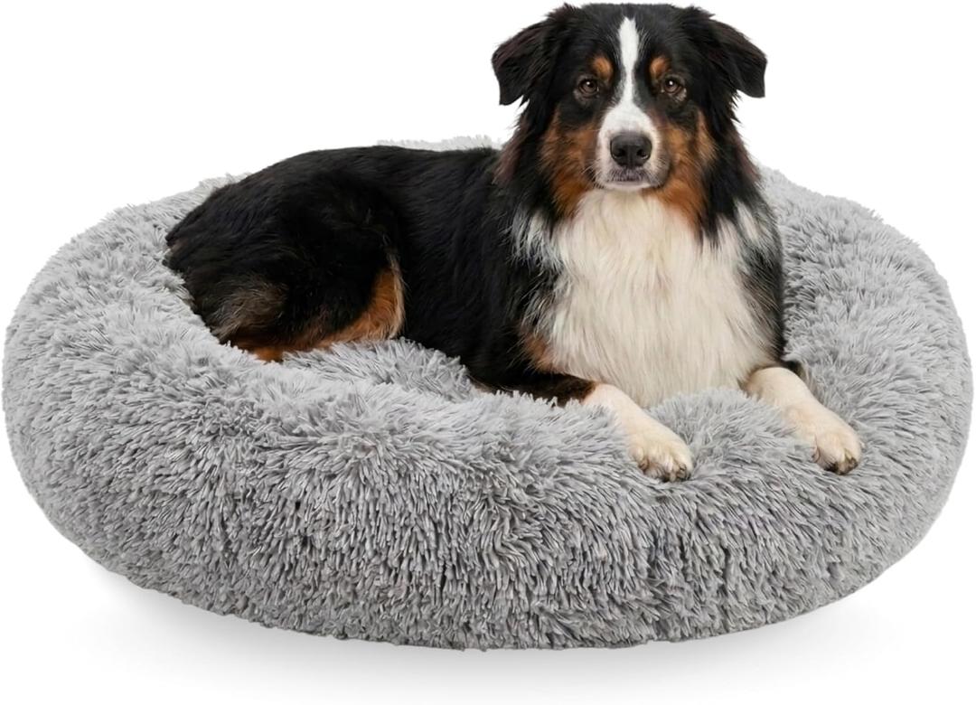 Active Pets Premium Large Donut Dog Bed, Fits Up to 100 lbs, Removable Cover & Washable Cushion, Plush Long Pile Faux Fur Fabric, Portable Dark Grey Pet Bed Furniture for Big Adult Canines & Cats