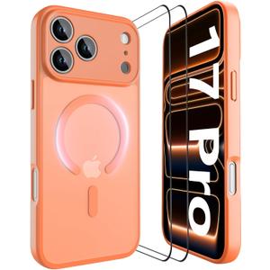 YFEMLAZ Magnetic for iPhone 17 Pro Case, with Screen Protectors X2,Full Camera Protection, Compatible with MagSafe, Translucent Matte, Anti-Fingerprint Shockproof Protective Phone Case,6.3",Orange