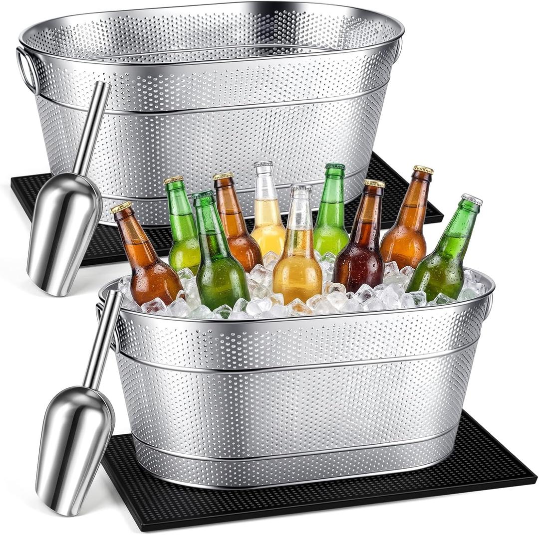 2 Set 4 Gallon Galvanized Beverage Tub Include 2 Ice Buckets with Handle 2 Ice Scoops and 2 Insulated Mats Drink Bucket Cubetas Para Cerveza for Cocktail Bar Party Chill Wine Champagne Beer