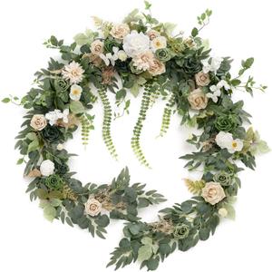 Ling's Moment 9FT Flower Garland for Backdrop Decoration - Wedding Arch Flowers, Eucalyptus & Rose, Artificial Floral Garland for Mantle - Sweetheart Table Decor for Ceremony, Christmas, Emerald Tawny