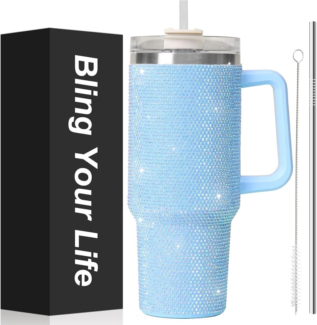 40oz Bling Tumbler with Handle and 2 Straw, Bling Cup for Large Water Capacity, Glitter Travel Mug with Lid Rhinestone Water Bottle, Diamond Vacuum Insulated Stainless Steel Tumbler for Girls (Blue)