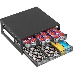 Coffee Pod Holder For Counter, 3 PullOut 72 KCup Holder Drawer, Wooden Cafe Pods Storage Organizer with Sliding Drawers for Coffee Station, Home, Kitchen, Office, Dorm (Black)