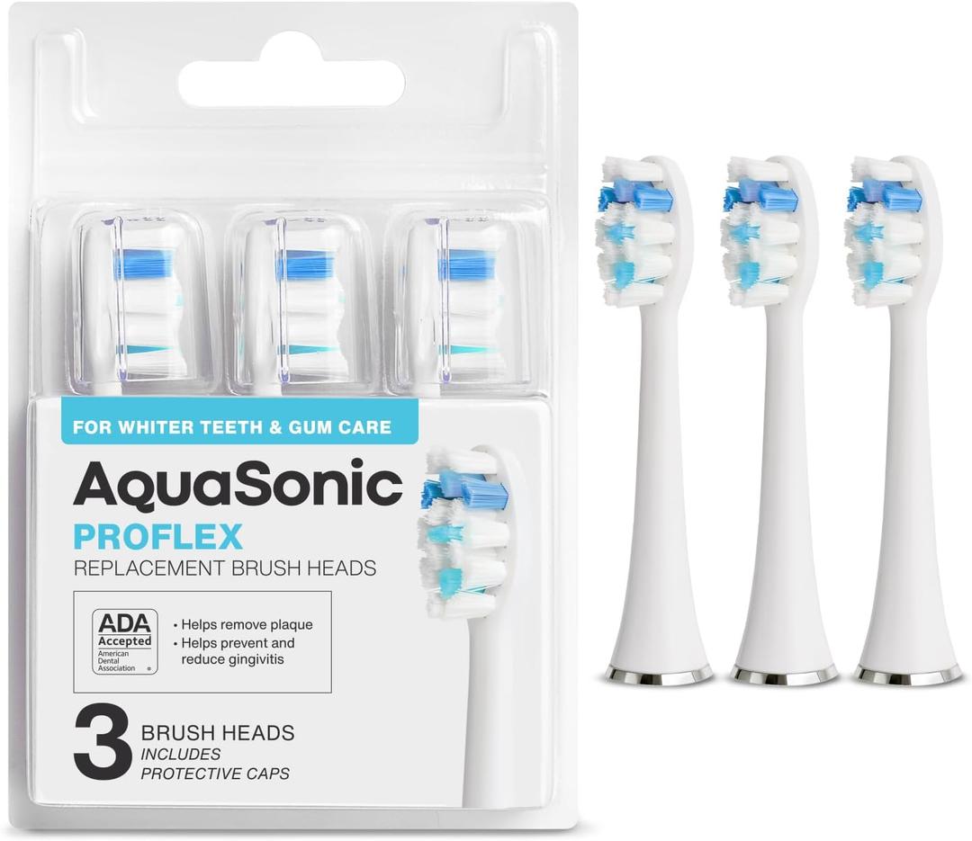 AquaSonic Genuine Proflex Replacement Brush Heads | ADA Accepted | for Whiter Teeth & Gum Care | Compatible with Many AquaSonic Toothbrush Handles (3 Pack White)