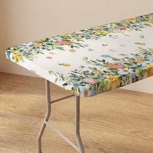 Horaldaily Spring Fitted Tablecloth 72 x 30 Inch Rectangular, Spring Colorful Hydrangea Tulip Flower Butterfly Washable Table Cover Elastic Edged for Dinning, Picnic, Camping, Banquet
