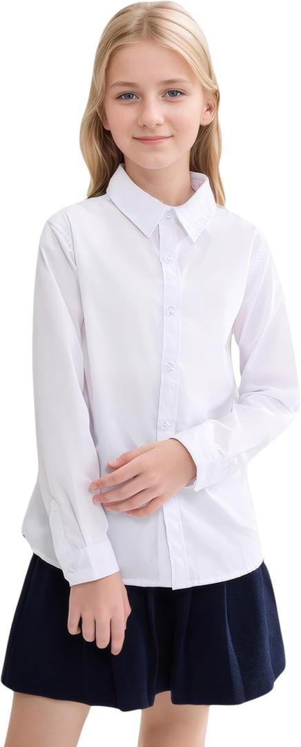 SOLOCOTE Girls White Dress Shirt Long Sleeve School Uniform Blouse Formal Button Down Top for Big Kids (10 Years)