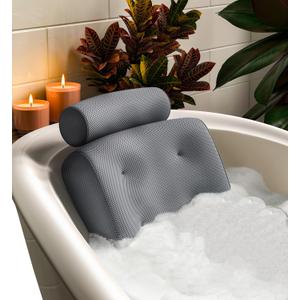 Everlasting Comfort Luxury Bath Pillows for Tub with Head and Neck Support - Non-Slip Bathtub Pillow with Suction Cups, Quick-Drying Mesh & Drying Hook - Jacuzzi & Spa Accessories for Women - Gray (Large)
