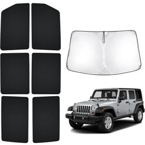 T TGBROS Windshield Sun Shade for Jeep Wrangler JK 2007-2018 Car Window Shades Thicken UV Block and Blackout Privacy Foldable Sunshades 7PCS Accessories Keep Cool Sun Visor Covers