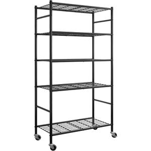 Storage Shelves Organizer - 5 Tier Metal Shelf Organizer with Metal Wheels and Adjustable Leveling Feet, Heavy Duty Garage Shelving for Kitchen, Pantry and Closet, 33.1"x12.6"x73.5", Black
