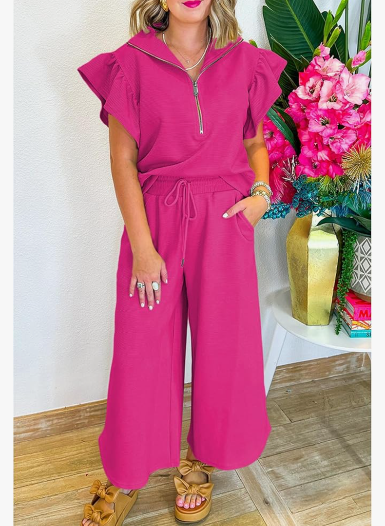 SELINK Two Piece Sets for Women Summer Outfits Ruffle Cap Sleeve Zip Top Wide Leg Pants Lounge Set Tracksuits Rose large