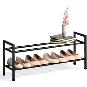Bumusty 2 Tier Expandable Shoe Rack for Closet, 18-33 Adjustable Shoe Rack for Small Space, Small Shoe Organizer for Front Door, Sturdy Metal, Black
