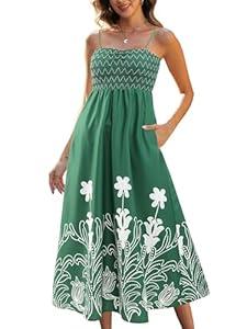 Gardenwed Women's Floral Print Maxi Dress,Spaghetti Strap Smocked Bodice A-Line Sundress with Pockets (Medium)
