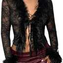 MakeMeChic Women's Faux Fur Fuzzy Long Sleeve Top Mesh Lace Open Front Y2K Tee Shirts (Medium, Black)