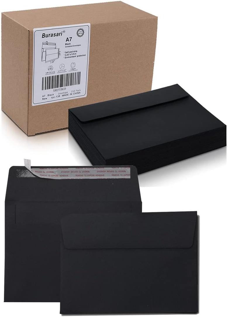 120Qty A7 Black Invitation envelopes 5.25x7.25Inches- Windowless Design 120GSM Self-Seal Envelopes For Invitations, Greeting Cards, Invoices