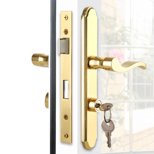 MaxxGeek Flat Slot Storm Door Handle Complete Set, Mortise Keyed Lever Mount Latch with Deadbolt for Screen and Storm Doors (Bright Gold)