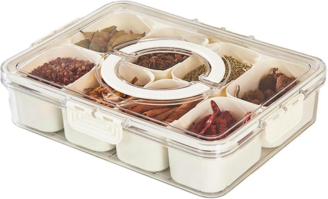 Divided Serving Tray with Lid and Handle - 8 Compartments Snackle Box Container - Snack Fruit and Veggie Tray - Kitchen Storage Organizer for Travel Charcuterie Candy Nuts Beach Essentials