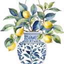 AceOrbit Chinoiserie Lemon Wall Art Decor 13.8 Inch Blue and White Chinoiserie Porcelain Door Decoration Wooden Farmhouse Summer Lemons Hanging Decor for Living Room Kitchen Indoor Outdoor Home Porch