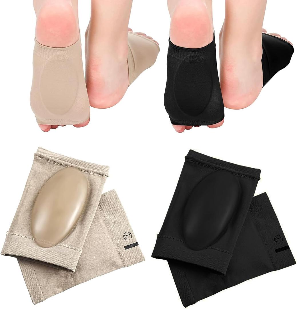 XINIFOOT 2 Pairs Compression Arch Support Sleeves with Gel Pads, Cushioned Braces for Flat Foot Pain Relief, Plantar Fasciitis, and Heel Spurs (Black & Beige)