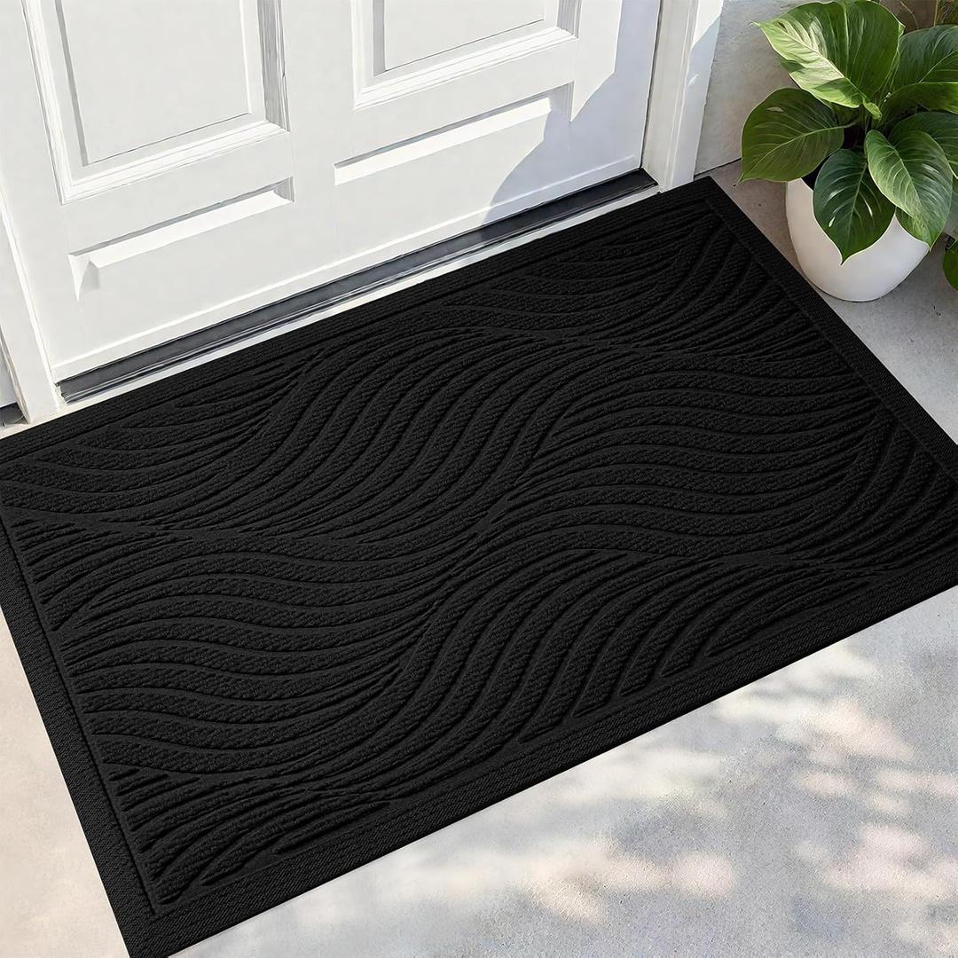 PLEASOR Front Door Mat Outside Entrance, Absorbent and Dirt Resistant Welcome Mat Indoor Outdoor, Non-Slip Backing Entry Mat, Fade Resistant, Easy Clean Low Profile Doormat for Entryway, 29x17, Black