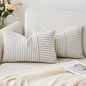 MIULEE Black and Beige Patchwork Farmhouse Pillow Covers 12x20 Inch, Pack of 2 Striped Linen Decorative Modern Accent Pillow Cases for Sofa Couch Bedroom