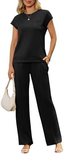 Difficort Lounge Sets for Women 2 Piece Outfits Summer Casual Tracksuit Wide Leg Long Pants Vacation Travel Matching Set, M