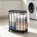 Floor Laundry Hamper with Wheels, Modern Laundry Basket Rolling Storage Dirty Clothes Basket with Handle Metal Clothes Hamper Organizer for Laundry Room Bathroom Bedroom Dorm, 23.6" x 22.8" x 11.8"