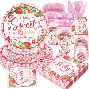 350 Strawberry Baby Shower Decorations for 50 Guests A Berry Sweet Baby is On The Way Party Supplies for Girls Disposable Dinnerware Set Paper Plates Napkins Cups
