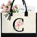 Mothers Day Gifts for Women Birthday Gifts for Women Large Initial Canvas Tote Bag Makeup Bag Beach Travel Shopping (Black Letter Pink Floral)