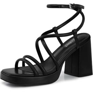 CELLENZ Women Chunky Platform Heels: 3.9 Inch High Heel Prom, Wedding, Party, Square Open Toe Heeled Sandals, Strappy Comfortable Sexy Dressy Heels (8, Black)