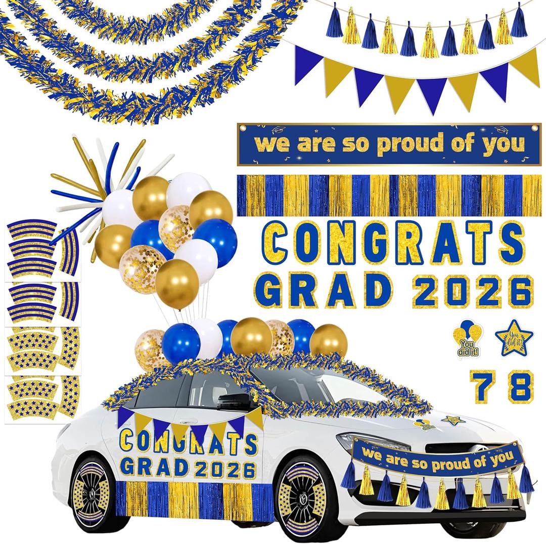 58pcs Graduation Car Decorations 2026 Set – Blue Gold Magnets Tinsel Garlands Banners Balloons Kit for Class of 2026 Party, Parade Float, Indoor Outdoor Hanging Decor