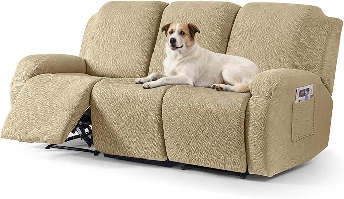 Timeles Recliner Covers for 3 Seater Reclining Sofa Slipcover Furniture Protector for Dogs and Pets Stretch Soft Washable (Three-Seater, Khaki)