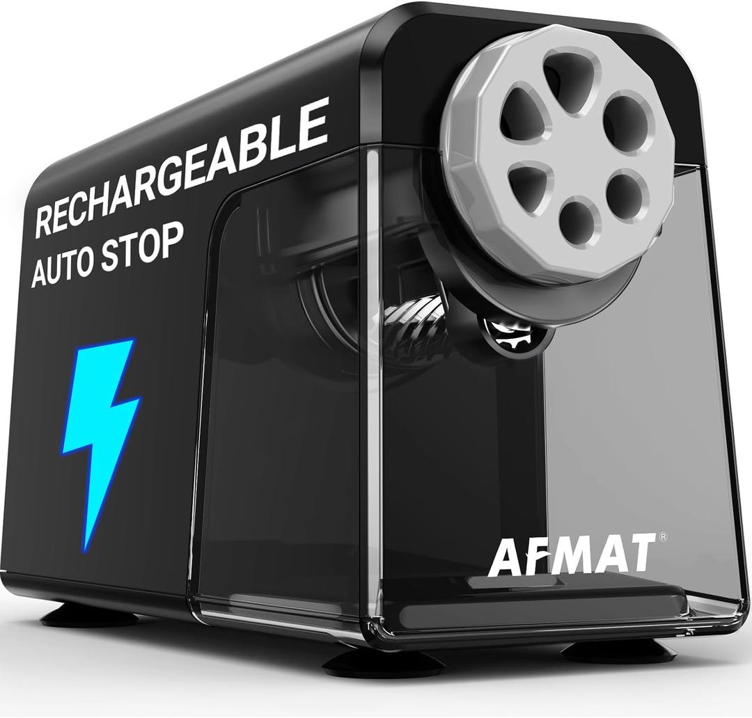 AFMAT 6-Hole Electric Pencil Sharpener for Classroom, Cordless & Rechargeable, Heavy Duty Pencil Sharpeners for 6-11mm Colored Pencils, Auto Stop, Super Fast, 10,000+ Sharpenings, Battery Powered PSD1