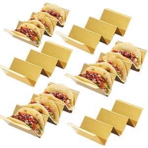 Gold Taco Holder Stand with Handles for Party, Set of 6 Stainless Steel Taco Tray, Rack Holds Up to 3 Tacos Each Stackable storage, Dishwasher Oven Safe
