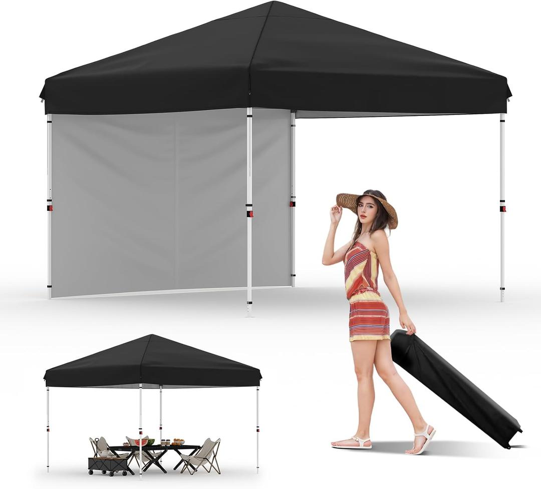 GarveeLife 10x10 Pop Up Canopy with One Button Push Setup - Heavy Duty Outdoor Canopy Tent with Portable Roller Bag - 3 Adjustable Height, 4 Weight Bags, 8 Stakes & 4 Guy Ropes Included, Black