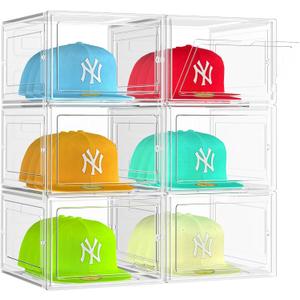 6 Pack Hat Organizer Box, Stackable Clear Baseball Caps Holder Box Containers with Magnetic Door for Hats Snapback Cap Storag, Hat Rack Display Case, Holds 8 Hats Each (Clear)