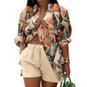 Mandonce 2 Piece Outfits for Women Long Sleeve Printed Shirt and Elastic Lace-Up Shorts with Pockets Beach Vacation Clothes, M