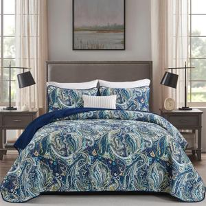 DJY Navy Gold Paisley Quilt Set California King Size - Boho Bedspread Coverlet Set 3 Pieces, Soft Lightweight Microfiber Navy Blue Paisley Floral Pattern Bedding for All Season, 112"x96"